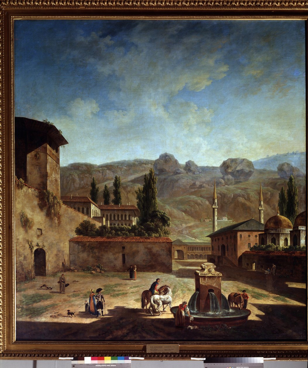Vue de la ville de Bakhchisaray (ウクライナ) (Bakhchisaray の町の眺め). Peinture de Fyodor Yakovlevich Alexeev (1753-1824)。 ユイル・シュル・トワル 作： フョードル・ヤコブレビッチ・アレクセエフ