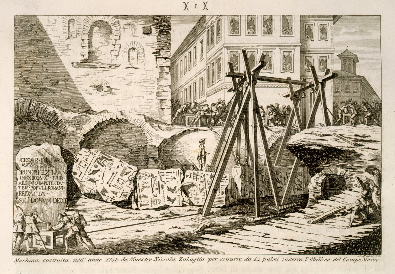 1748年にNicola Zabagliaによって発明された、地面の下14の手にあるキャンパスマルティウスのオベリスクを持ち上げるための装置 作： G.バルザー
