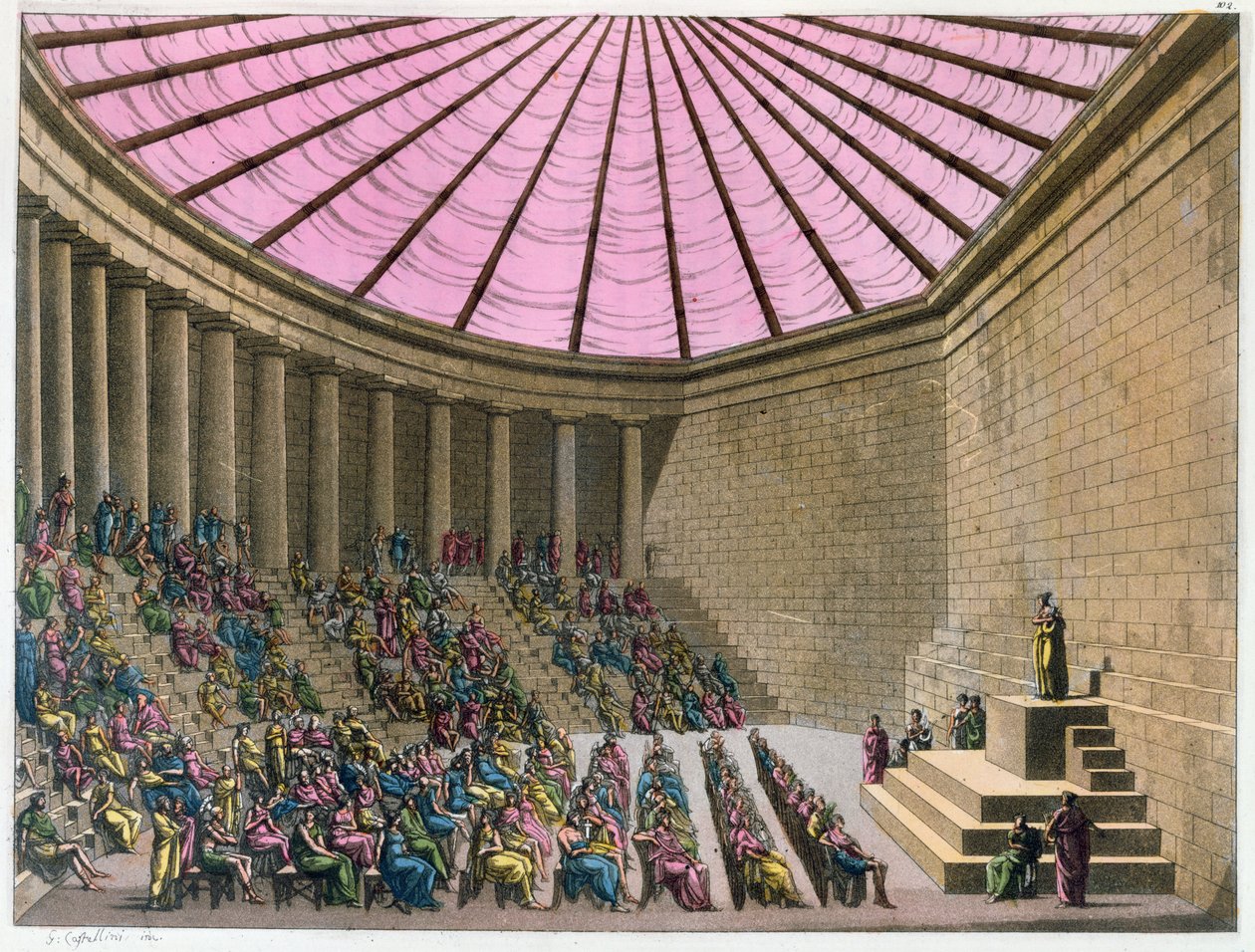 ペリクレスの時代のオデオン、ジュリオフェラーリオ作「Il Costumo Antico e Moderno」（ミラノ、1815〜1834年）のイラスト（手描きの彫刻） 作： G.カステリーニ