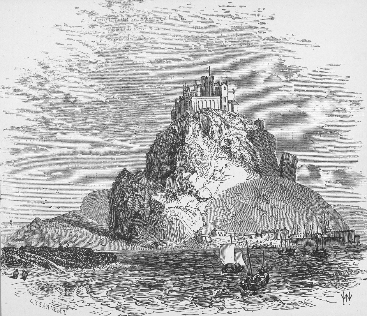 トーマスミルナー牧師による「地理のギャラリー」のイギリス、コーンウォールのセントマイケルズマウント、1880年頃出版 作： GFサージェント