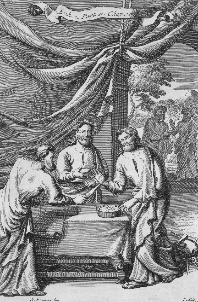 地図製作者間の議論、ヨハネスキップ（165353-1722）、1694年に彫刻された「哲学の原則」のブック2パート5チャプター10のイラスト 作： Gフリーマン