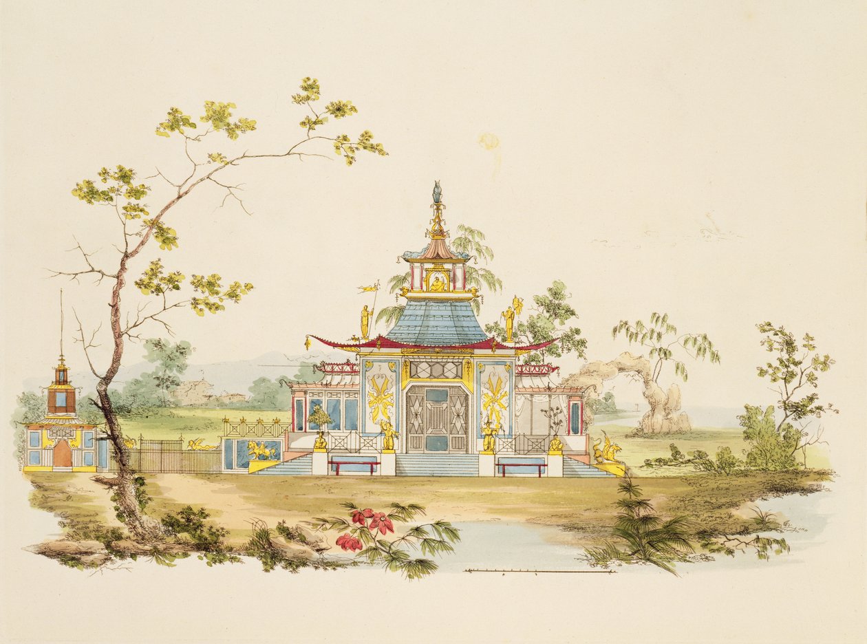 中国の寺院の設計、1810年頃（紙にペンとインクとトイレ） 作： G・ランディ