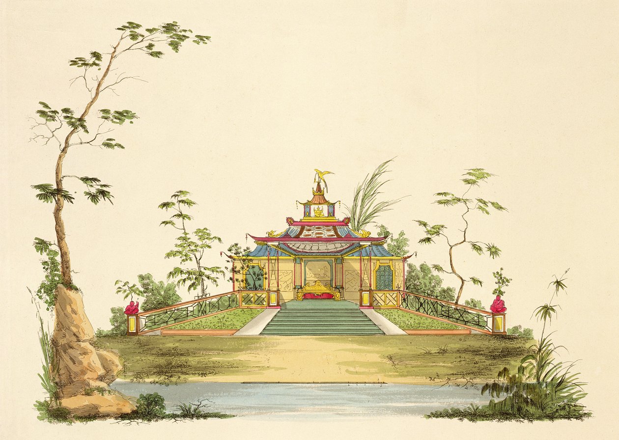 中国の寺院の設計、1810年頃（紙にペンとインクとトイレ） 作： G・ランディ