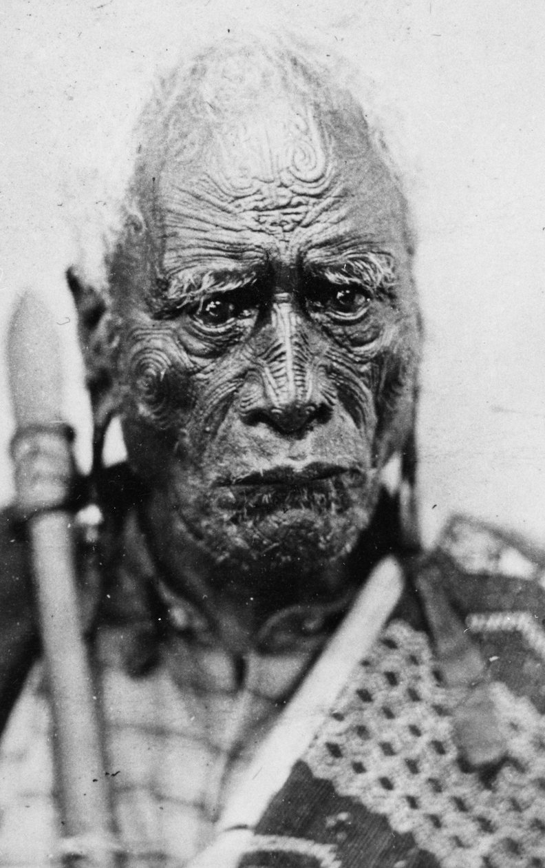 マオリ人の肖像画、タライアガクティテトゥムフイア、「ロゴ」の顔のタトゥー、1860年代頃 作： GWビショップ
