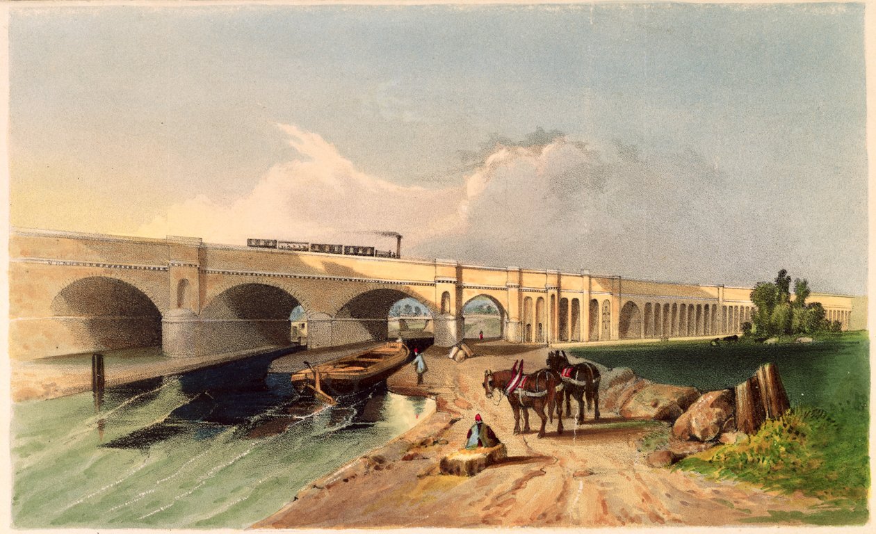 1836年、デプトフォードのグリニッジ鉄道高架橋の眺め 作： GFブラッグ