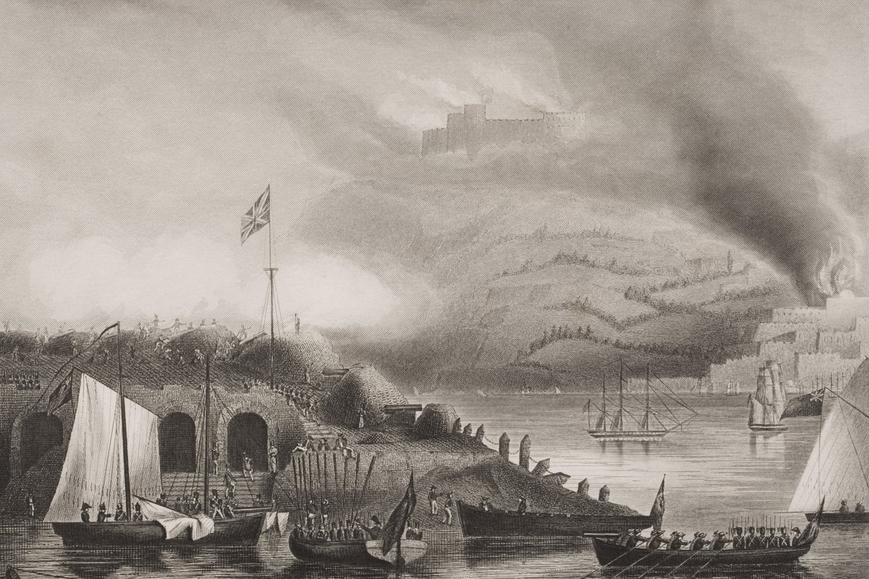 1813年8月31日のサンセバスチアンの嵐、イラストの「海と陸によるイングランドの戦い」。ウィリアムズ大佐（彫刻） 作： GWテリー