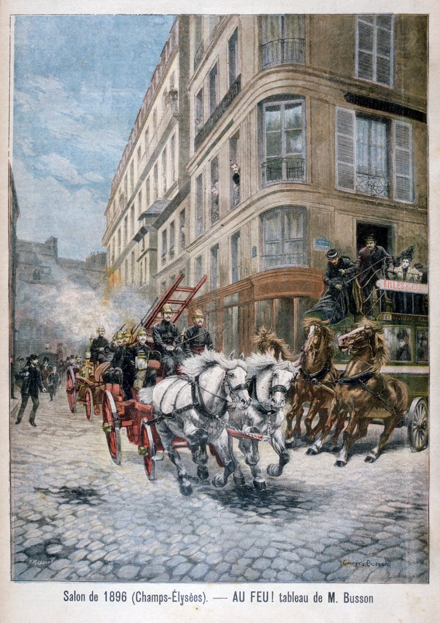 火に向かう途中の消防車、パリ、1896 作： G.ブッソン