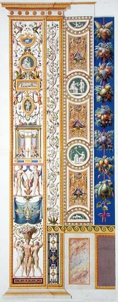 バチカン市国のラファエロのロッジアのパネル、ジョヴァンニ・オッタヴィアーニ（c.1735-1808）が彫った「Delle Loggie di Rafaele nel Vaticano」より、1772-77年に出版された手彩色のエングレーヴィング。 作： G.とCamporesiP.Savorelli