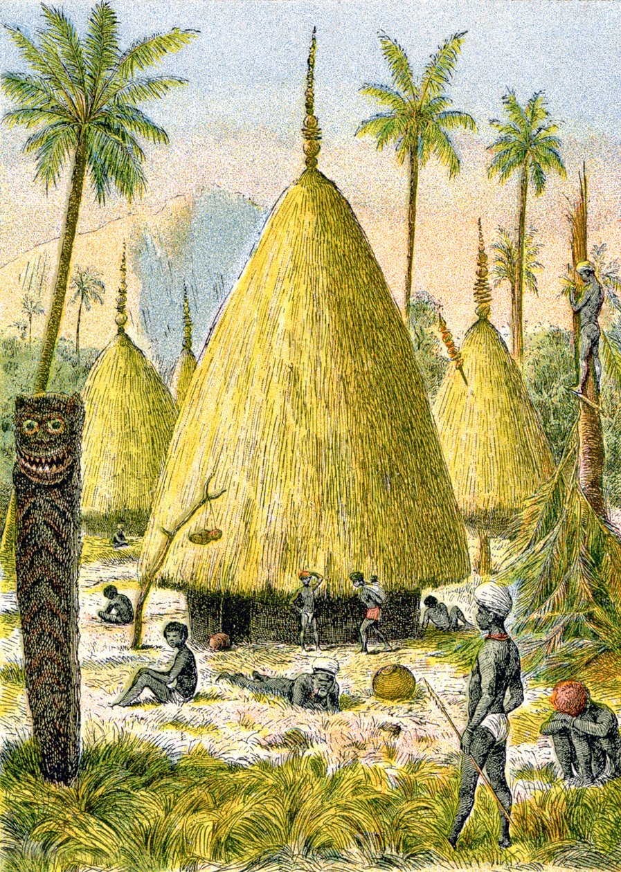 ニューカレドニアのカナケ村、1900-1910年頃（イラスト） 作： G.ダッシャー
