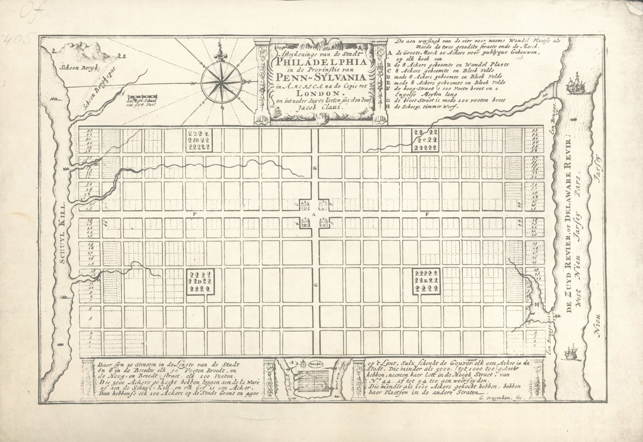 1682年、1684年にウィリアムペンとトーマスホルムによって考案されたフィラデルフィアの最初の計画 作： G.ドラッグシャム