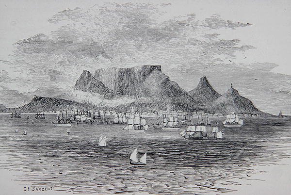 南アフリカ・テーブルベイから見たケープタウン（1880年頃発行のトーマス・ミルナー牧師の「The Gallery of Geography」より）（彫刻 作： GF（後）サージェント