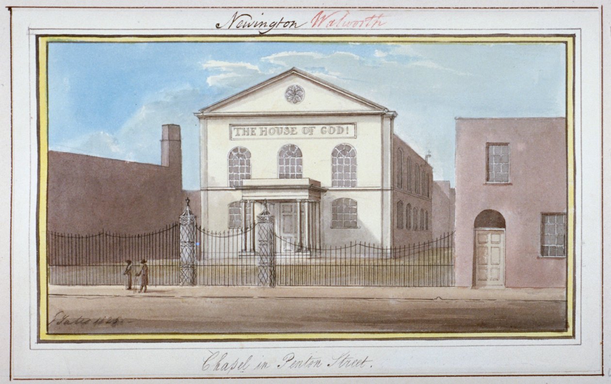 1825 年、ロンドン、サザーク、ペントン ストリートの礼拝堂の眺め 作： Gイェーツ