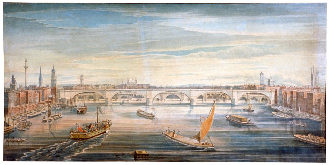 1831年、テムズ川にボートやはしけがある、西から見た新しいロンドン橋。 作： Gイェーツ