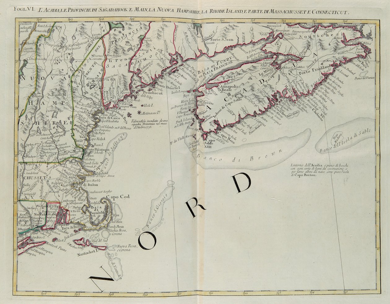 Akadien, die Provinzen Sagadahoc und Maine, New Hampshire, Rhode Island und Teil von Massachusetts und Connecticut, Kupferstich von G. Zuliani aus Band I des "Neuesten Atlas" veröffentlicht in Venedig 1778 von Antonio Zatta, Privatsammlung von G. Zuliani