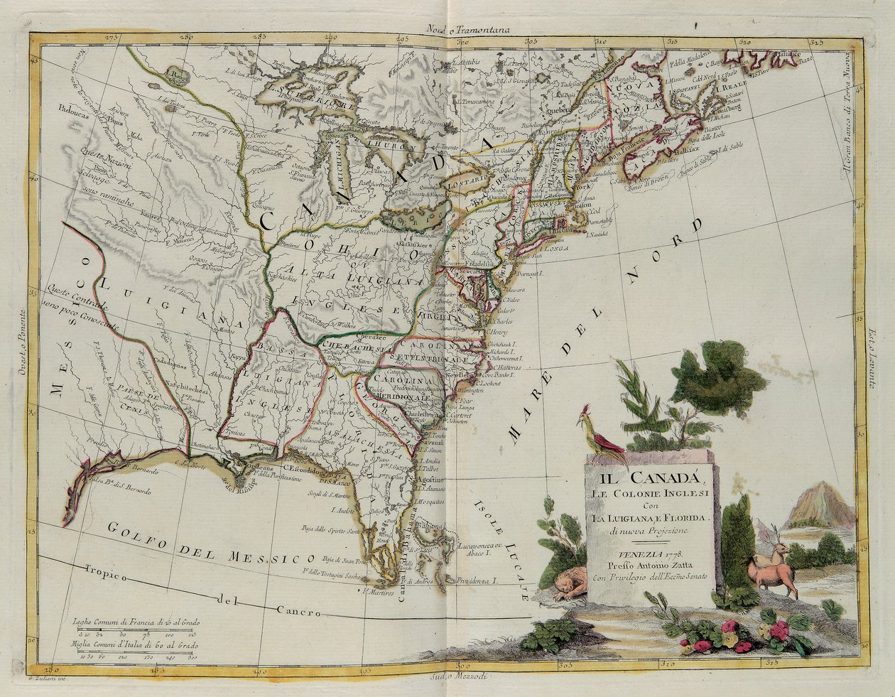カナダ、ルイジアナ州とフロリダ州のイギリス植民地、G。ズリアーニによる彫刻。1778年にヴェネツィアでアントニオザッタによって公開された最新のアトラスのトメIから採録された、プライベートコレクション 作： G.ズリアーニ