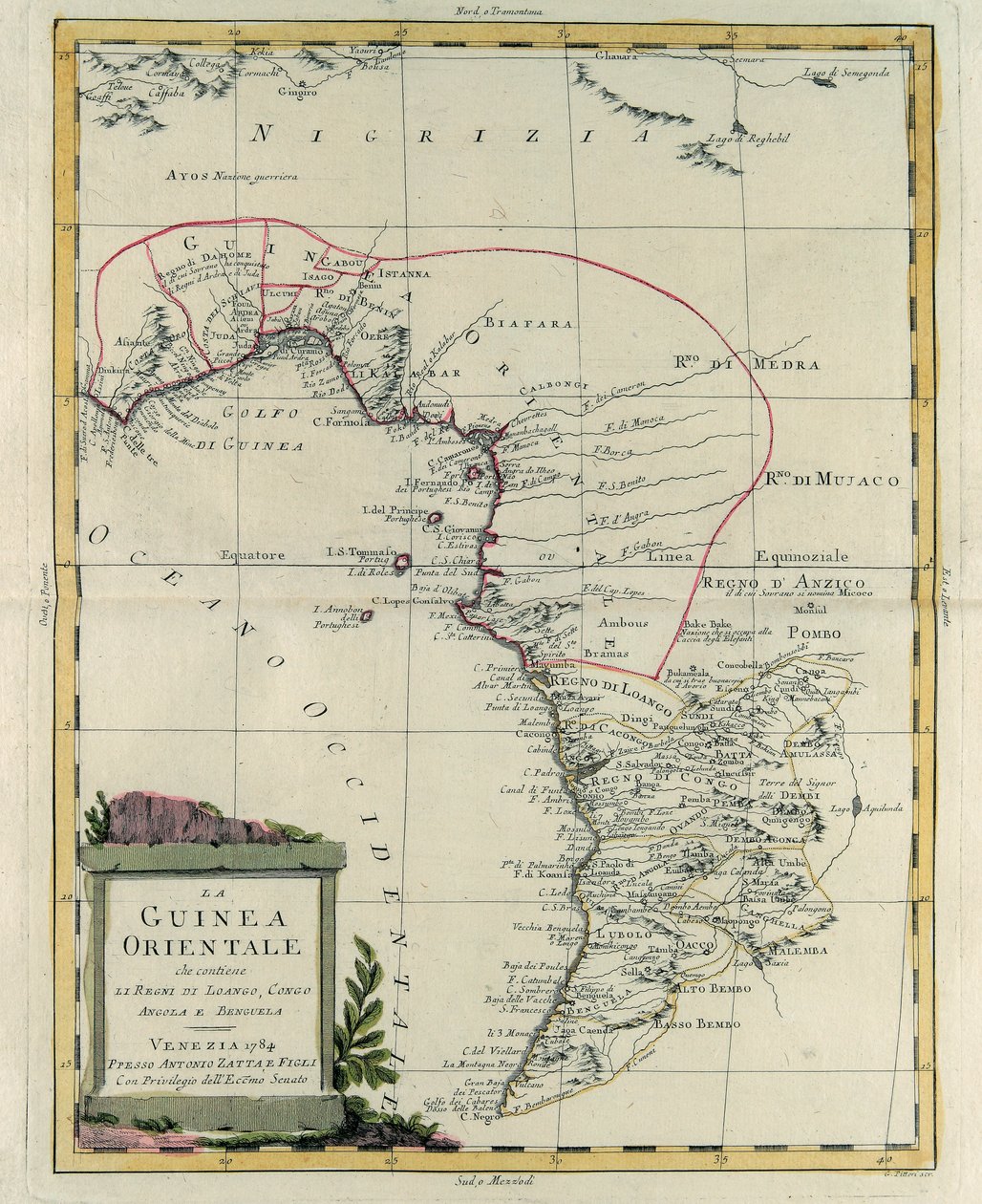 ロアンゴ王国、コンゴ王国、アンゴラ王国、ベンゲラ王国を含む東ギニア、アントニオ・ザッタが1784年にヴェネツィアで出版した「最新アトラス」の第4巻から抜粋したG.ズリアーニの彫刻、個人蔵 作： G.ズリアーニ