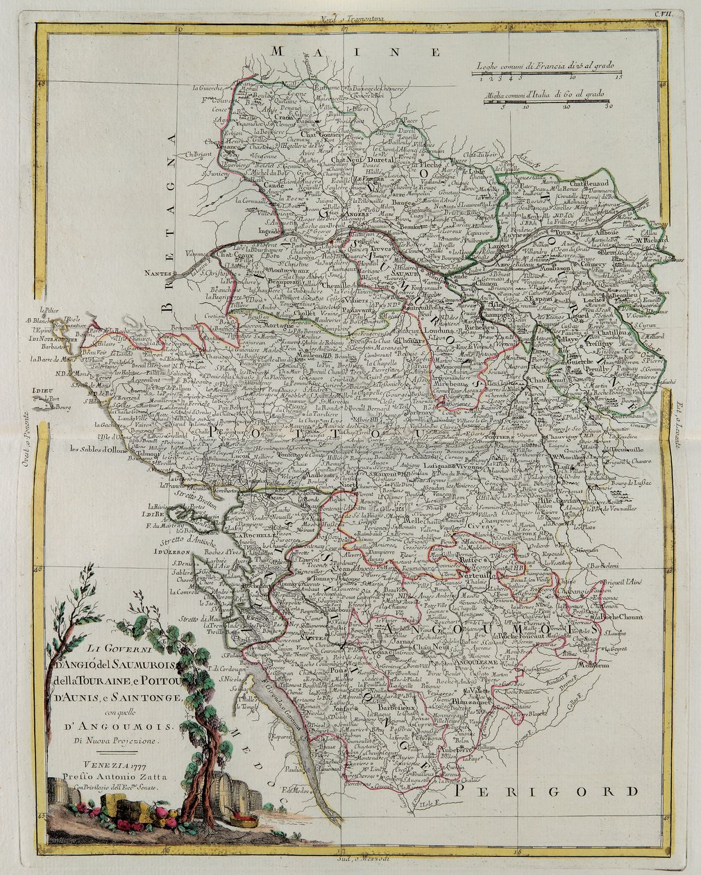 Anjou、Saumurois、Touraine、Poitou、Aunis、Saintongeの統治とAnjoumoisの統治、G。Zulianiによる彫刻。アントニオZが1777年にヴェネツィアで発表した最新のアトラスのTome I 作： G.ズリアーニ