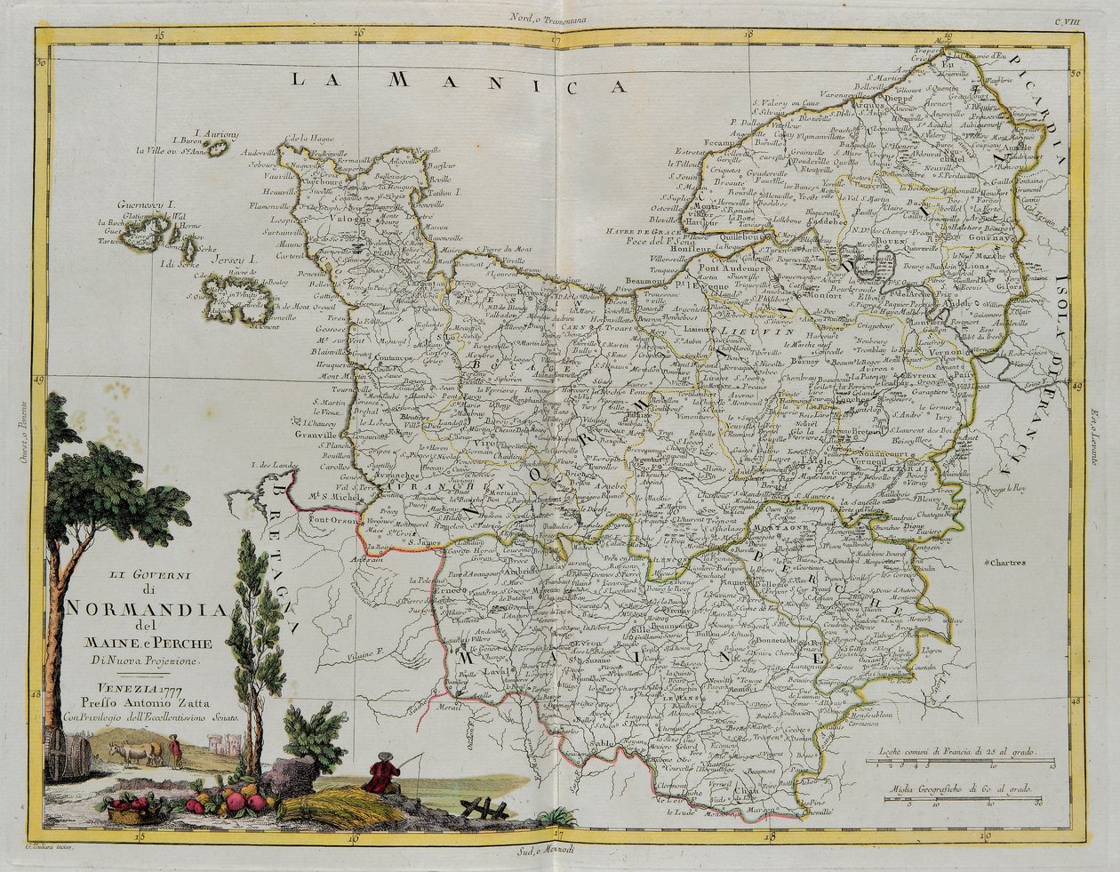 ノルマンディー、メイン州、ペルチェの統治、G。ズリアーニによる彫刻。1777年にヴェネツィアでアントニオザッタが出版したプライベートコレクションの最新アトラスのトメIから取った。 作： G.ズリアーニ