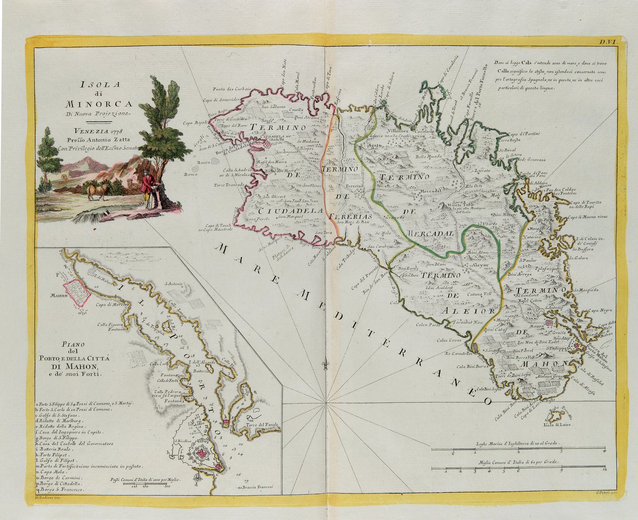 メノルカ島と港、マホン市とその砦の平面図 アントニオ・ザッタが1778年にヴェネツィアで出版した「最新アトラス」の第1巻から抜粋したG・ズリアーニのエングレーヴィング、個人蔵 作： G.ズリアーニ