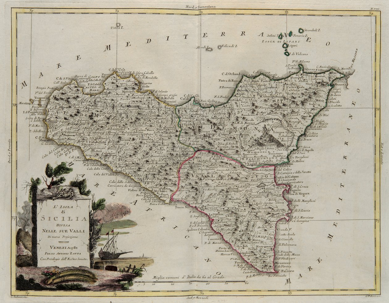 渓谷に分かれたシチリア島。1782年にヴェネツィアでアントニオザッタがプライベートコレクションとして公開した最新のアトラスのトメIIから撮影されたG.ズリアーニの彫刻 作： G.ズリアーニ