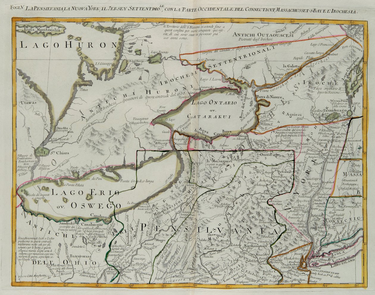 Pennsylvania, New York, südliches New Jersey, mit dem westlichen Teil von Connecticut, Massachusetts Bay und Land der Irokesen, Stich von G. Zuliani aus Band I des "Neuesten Atlas" veröffentlicht in Venedig 1778 von Antonio Zatta, Privatsammlung von G. Zuliani