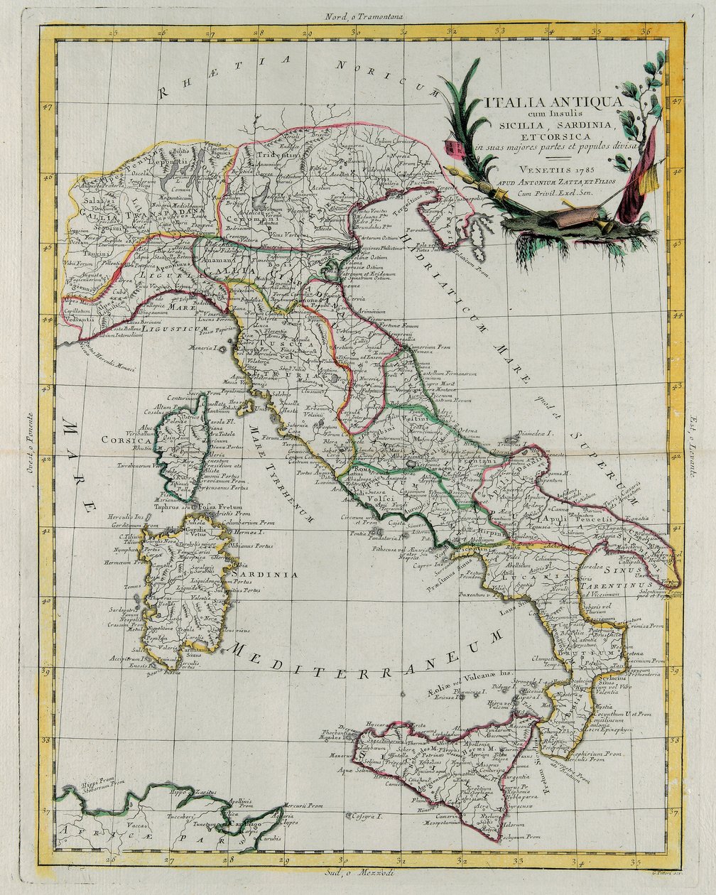 イタリアの政治地図、アントニオ・ザッタが1785年にヴェネツィアで出版した「ノヴィッシモ・アトラス」の第4巻からG・ズリアーニが彫ったもの、個人蔵 作： G.ズリアーニ