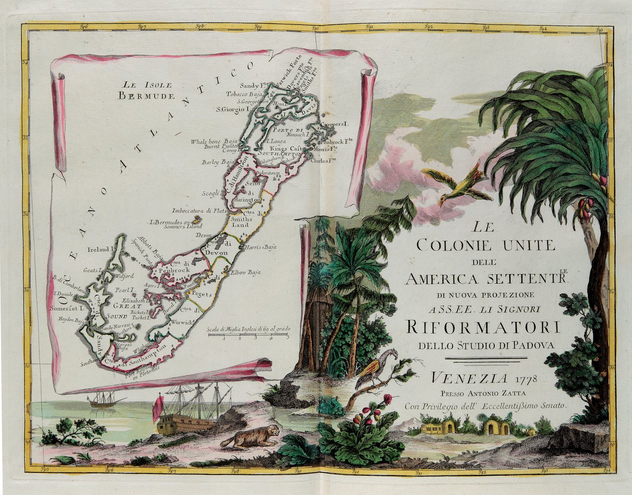 アントニオ・ザッタが1778年にヴェネツィアで出版した「最新アトラス」の第1巻から抜粋したG・ズリアーニのエングレーヴィング作品「バミューダ諸島」と「北米連合植民地」のセクションの表紙 個人蔵 作： G.ズリアーニ