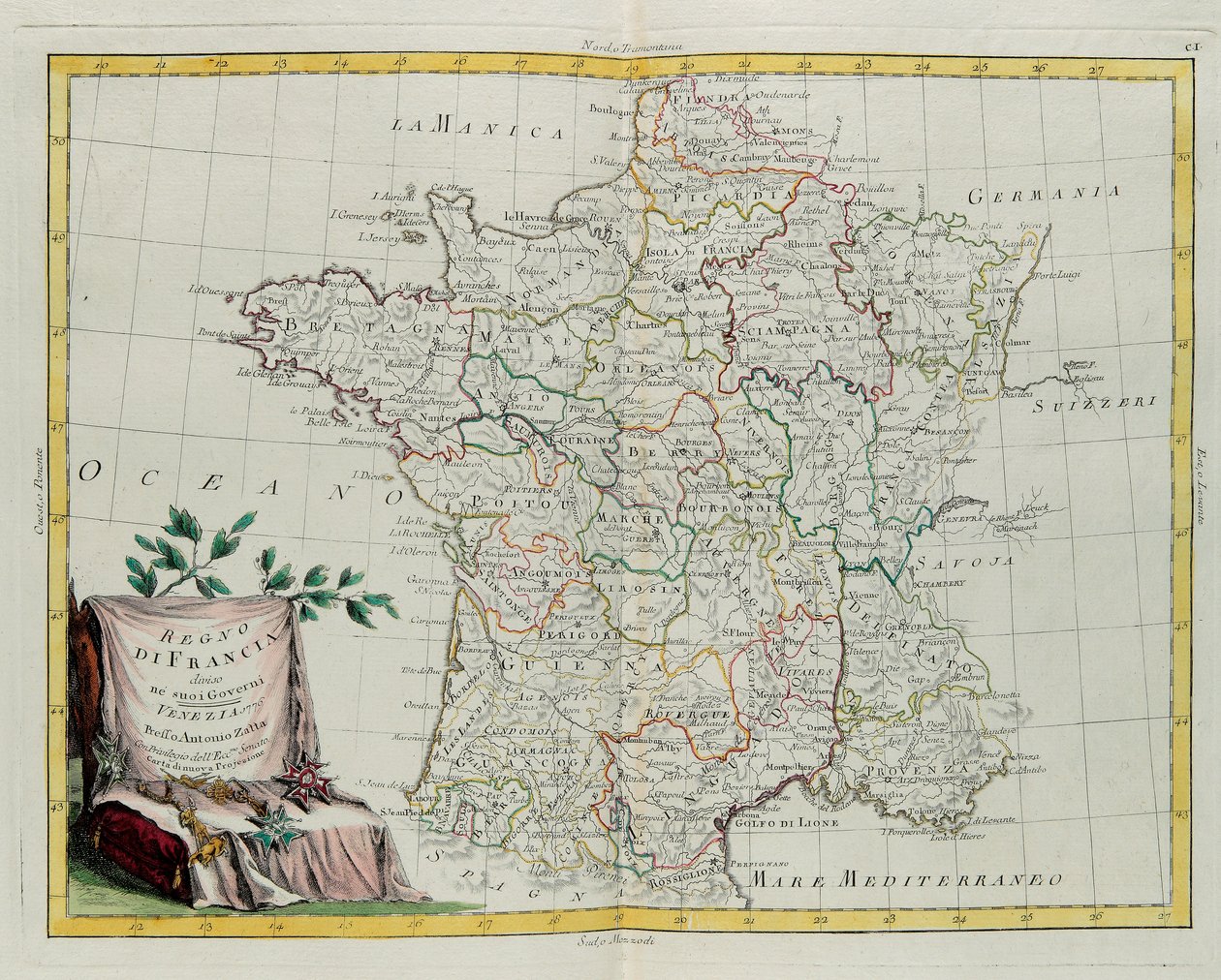 フランス王国は統治に分かれ、G。ズリアーニが1776年にヴェネツィアでアントニオザッタが出版したプライベートコレクションの最新アトラスのトメIから取った彫刻 作： G.ズリアーニ