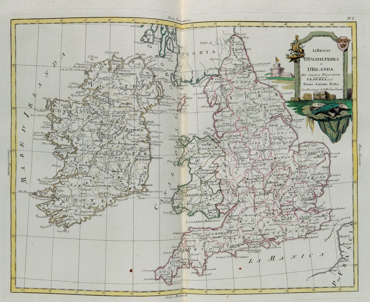 イングランドとアイルランドの王国、G。ズリアーニによる彫刻。1776年にヴェネツィアでアントニオザッタが出版したプライベートコレクションの最新アトラスのトメIから撮影 作： G.ズリアーニ