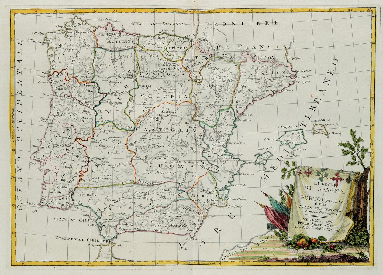 スペイン王国とポルトガル王国はそれぞれの州に分かれており、1775年にヴェネツィアでアントニオザッタが出版したプライベートコレクションのトームIから取ったG.ズリアーニの彫刻 作： G.ズリアーニ