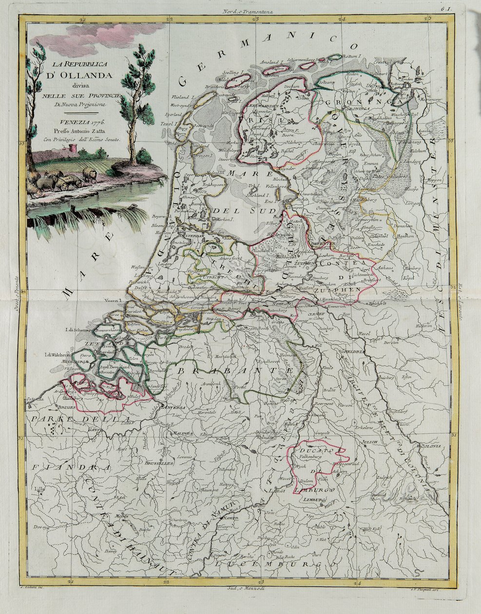 オランダ共和国は各州に分かれており、1776年にヴェネツィアでアントニオザッタが出版したプライベートコレクションの最新アトラスのトメIから撮影されたG.ズリアーニの彫刻 作： G.ズリアーニ