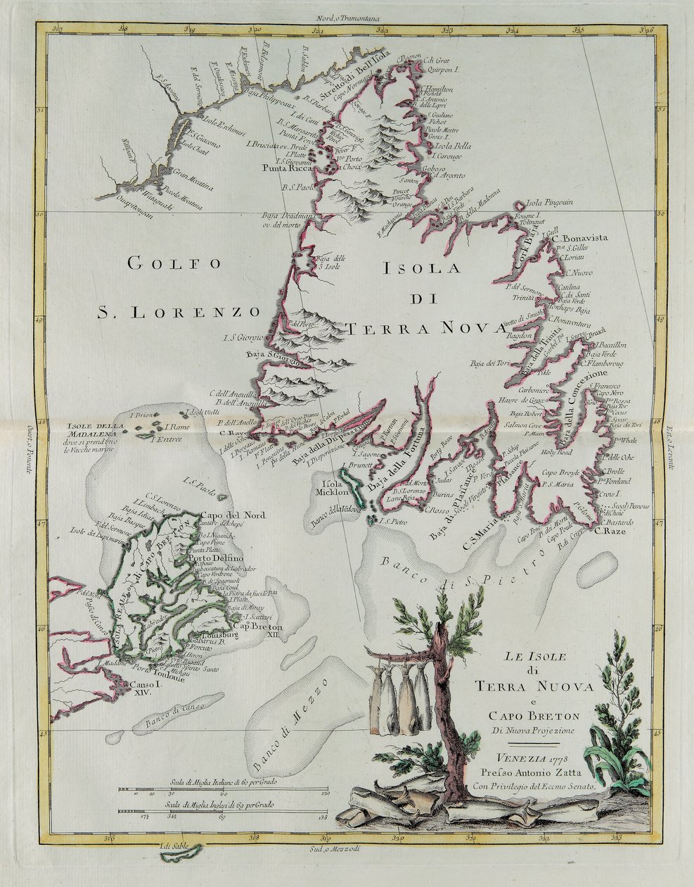 ニューファンドランドとケープ・ブレトンの島々、アントニオ・ザッタが1778年にヴェネツィアで出版した「最新アトラス」の第1巻から抜粋したG・ズリアーニのエングレーヴィング、プライベート・コレクション 作： G.ズリアーニ