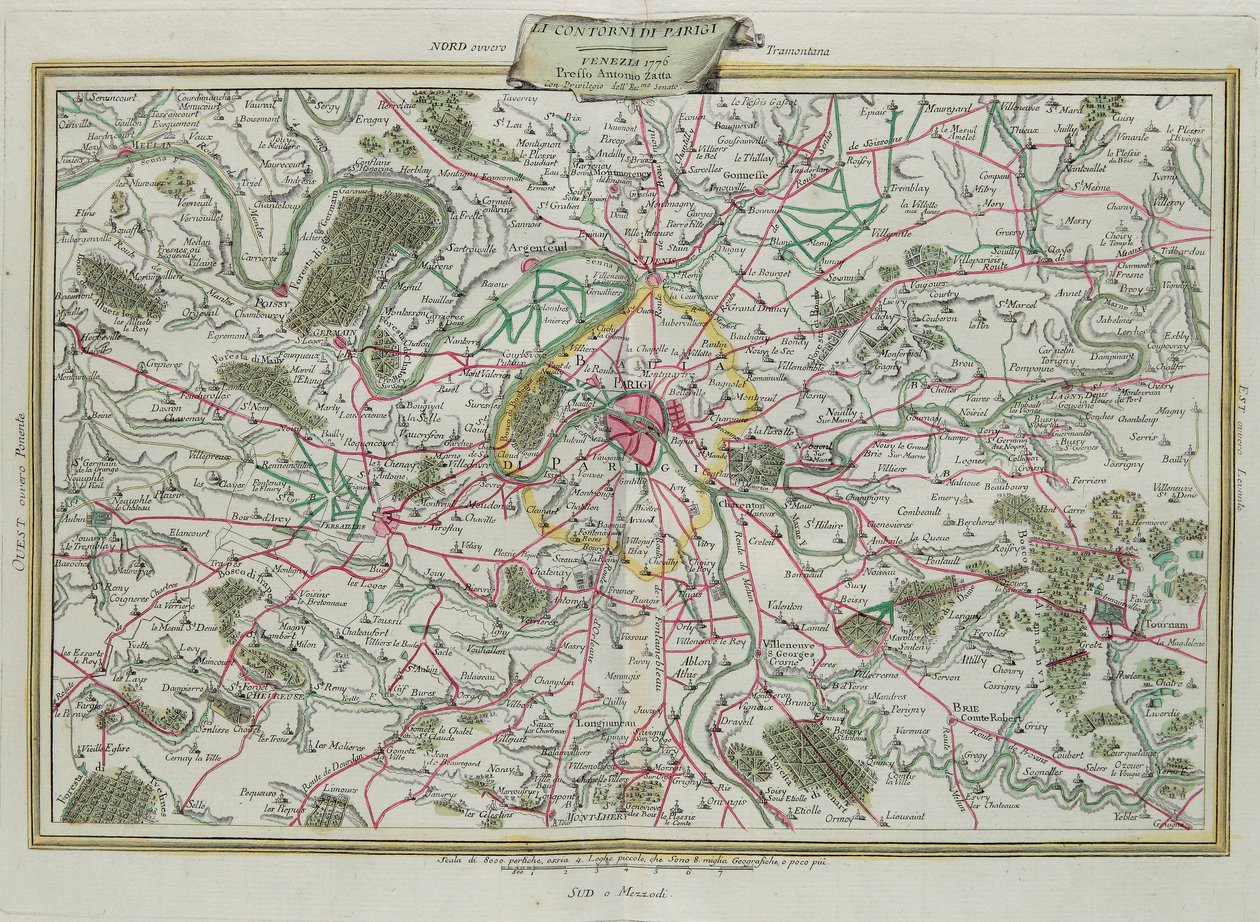 パリの概要、フランスとオルレアンの統治、G。ズリアーニによる彫刻。1776年にヴェネツィアでアントニオザッタが出版したプライベートコレクションの最新アトラスのトメIから取った。 作： G.ズリアーニ