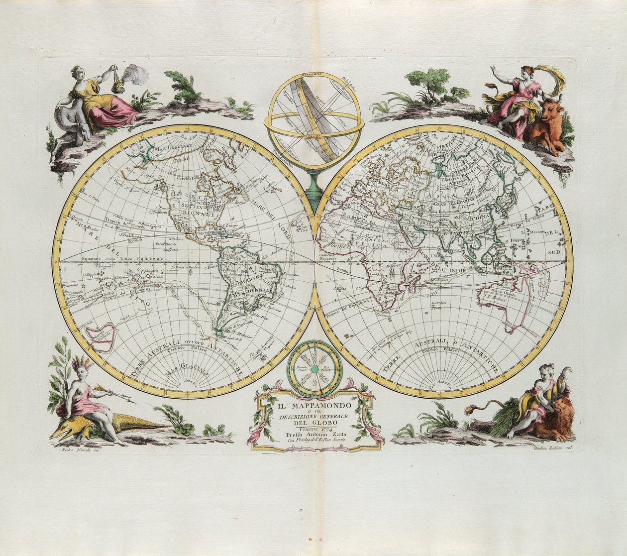 世界地図と地球の概要、G。ズリアーニによる彫刻。1774年にアントニオ