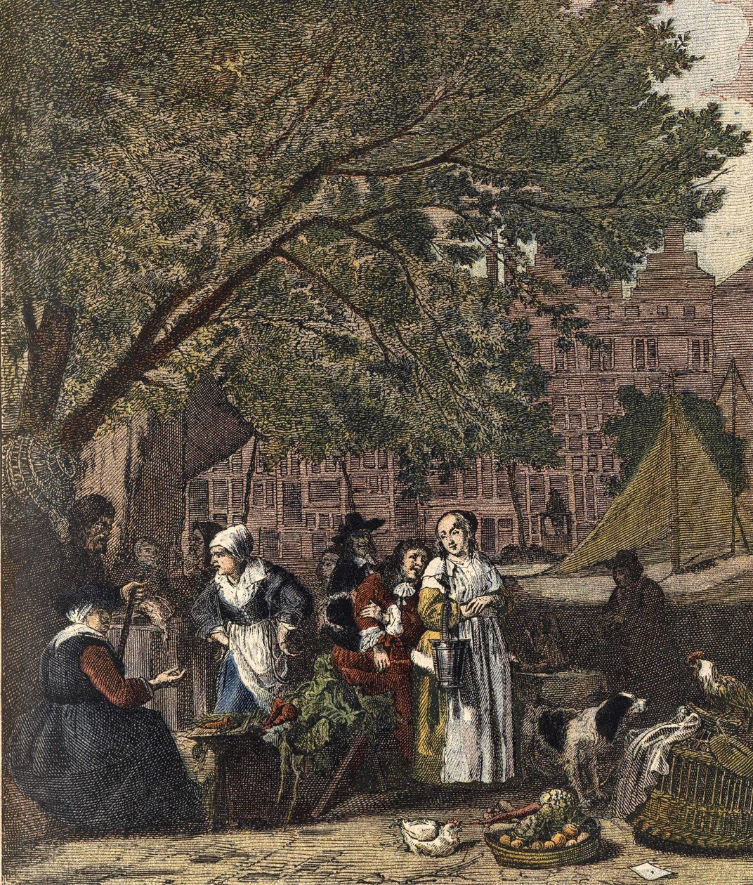 アムステルダムのハーブマーケット。ガブリエル・メツ（1629-1667）の絵画に基づく19世紀のエングレーヴィング。 作： ガブリエル（後）メツ