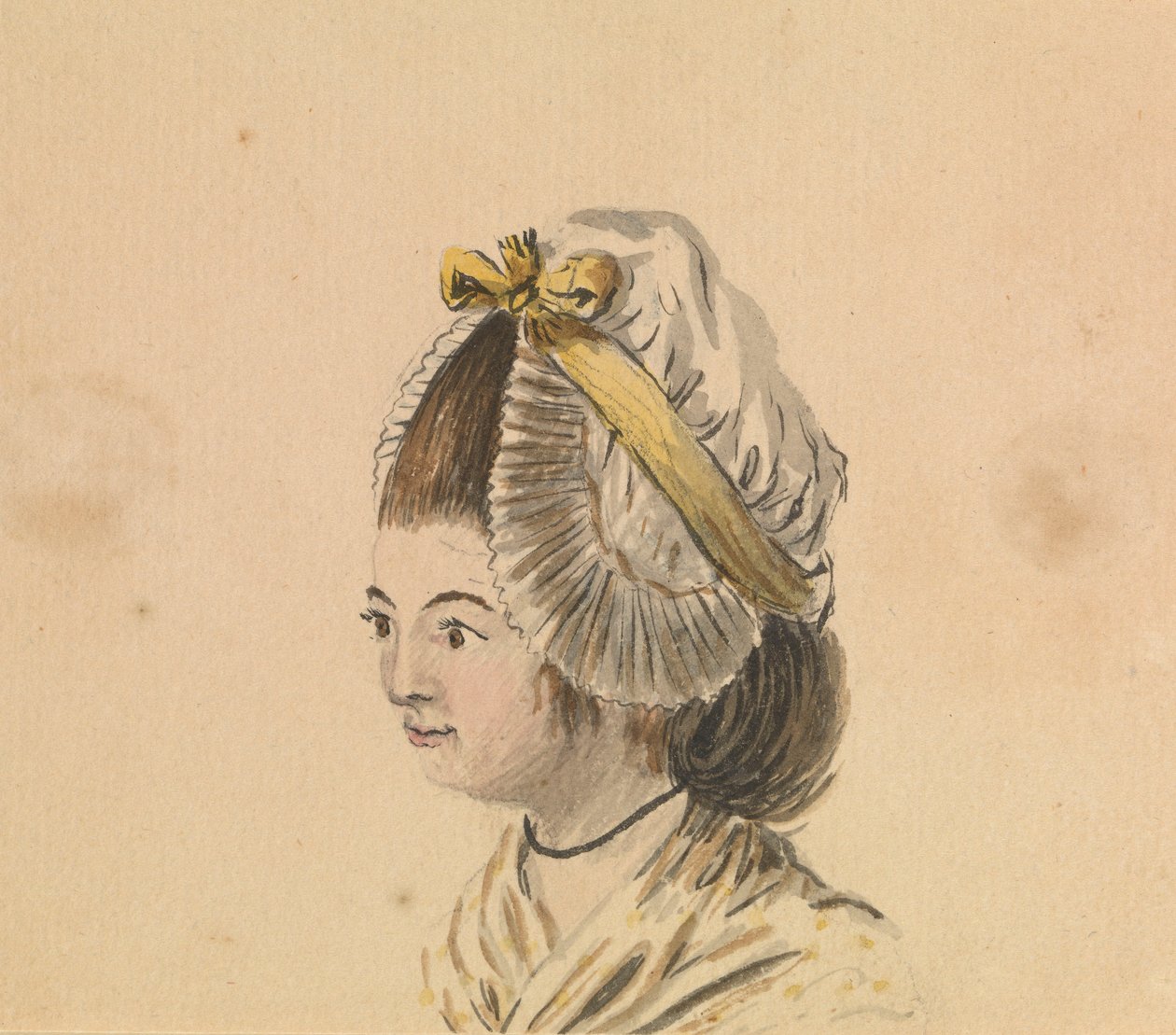 フリルのついた帽子をかぶった女性の頭部、1774年頃（水彩画） 作： ガブリエル・ブレイ