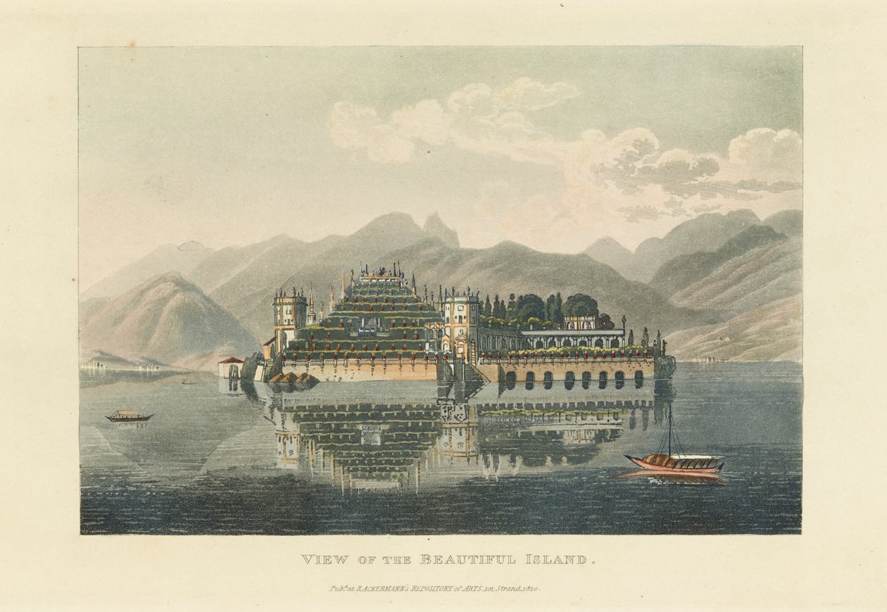 1820 年以前の美しい島イゾラ ベッラ、マッジョーレ湖の眺め。 作： ガブリエル・ルートヴィヒ・ロリー