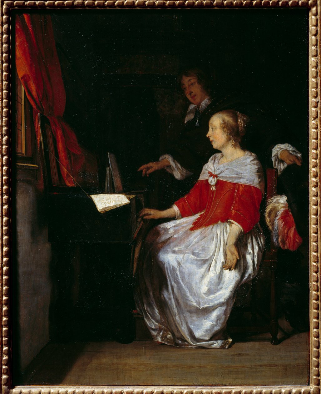 ヴァージナルのレクチャー。ガブリエル・メツ（1629-1667）の絵、ec.holl. 作： ガブリエル・メツ