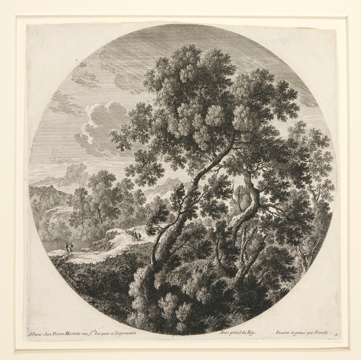 2 人の旅行者と城のある風景。 および牧夫、風景の中の羊と牛、6 つの風景のセットから 作： ガブリエル・ペレル