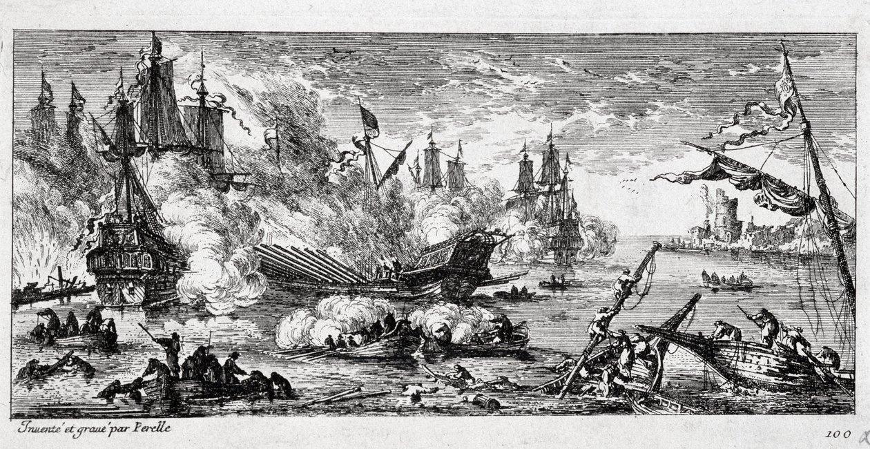 1676年4月22日、フランス艦隊とスペイン・オランダ連合軍との間で行われたアゴスタ（現在のシチリア島アウグスタ）の海戦。マウント・ギベル（ギベル山）の戦い、ファマグスタの戦いとも呼ばれる。 作： ガブリエル・ペレル
