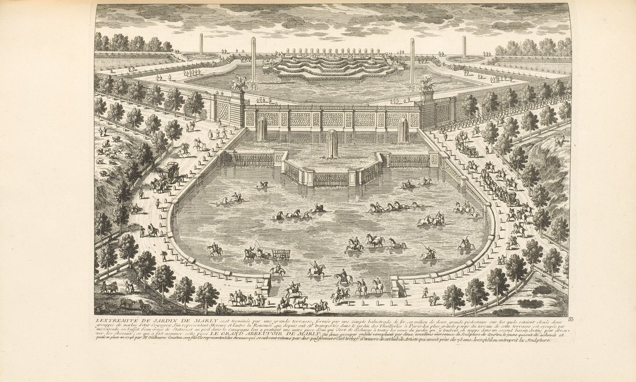 チャールズ・アントワーヌ・ジョンバートによる「Les Delices de Versailles et des Maisons Royales」、1766年からのマーリーの庭の極限 作： ガブリエル・ペレル