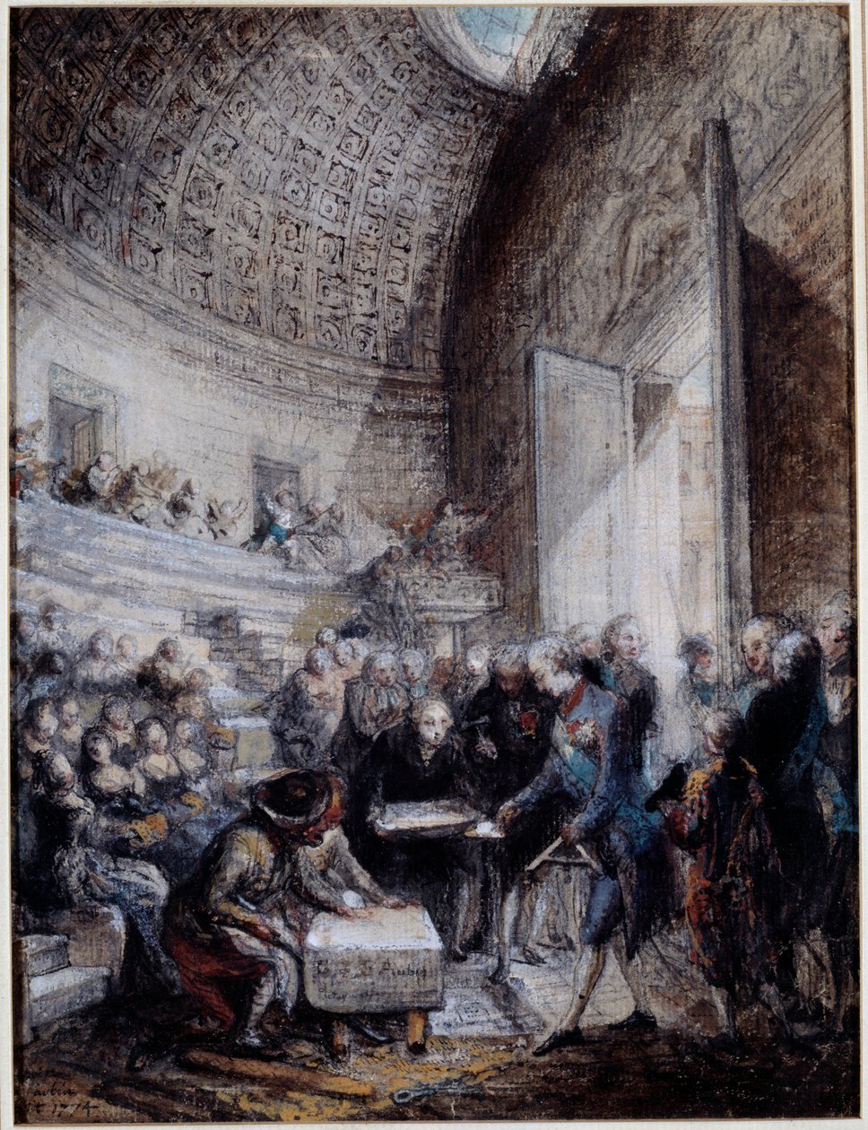 国王ルイ16世（1754-1793）による王立外科学校の円形劇場の落成式 1774年9月14日 ガブリエル・ド・サン・オーバン（1724-1780）のグアッシュ 18世紀 パリ、カルナヴァレ美術館 作： ガブリエル・ド・サン・トーバン