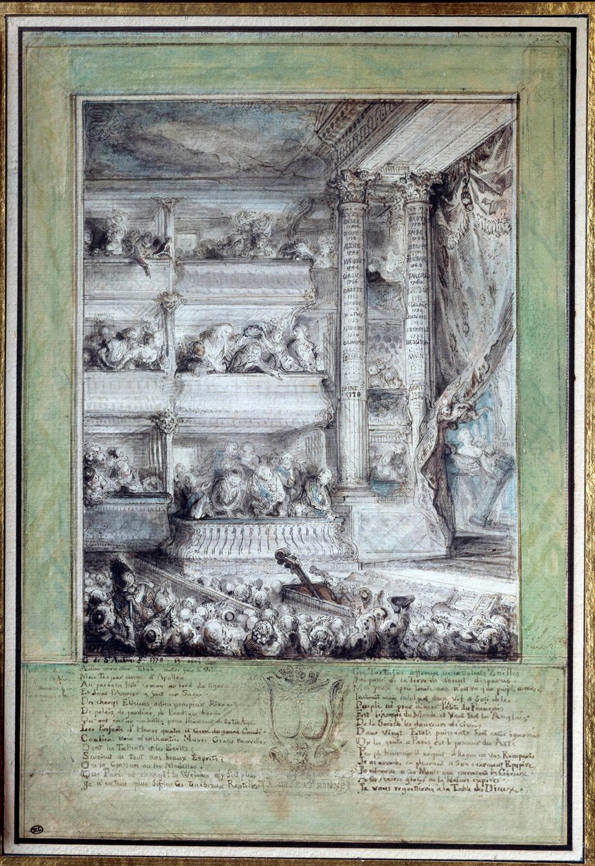 ヴォルテール（1694-1778）の戴冠式（フランス座） 1778年12月04日 Gabriel Jacques de Saint-Aubin（1724-1780）による水彩画 日：0.35x0.24 m Paris, musee du Louvre 作： ガブリエル・ド・サン・トーバン