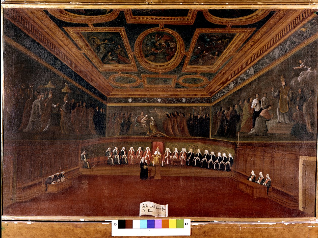 18世紀のドージェス宮殿の10人評議会 - Sala Del Consilgio di Dieci 1725 - ヴェネツィア、ドージェス宮殿の10人評議会の部屋（18日） ガブリエレ・ベッラ（1730 - 1799）の作品 - ドージェと10人評議会。コッレール美術館。ヴェネツィア 作： ガブリエレ・ベラ