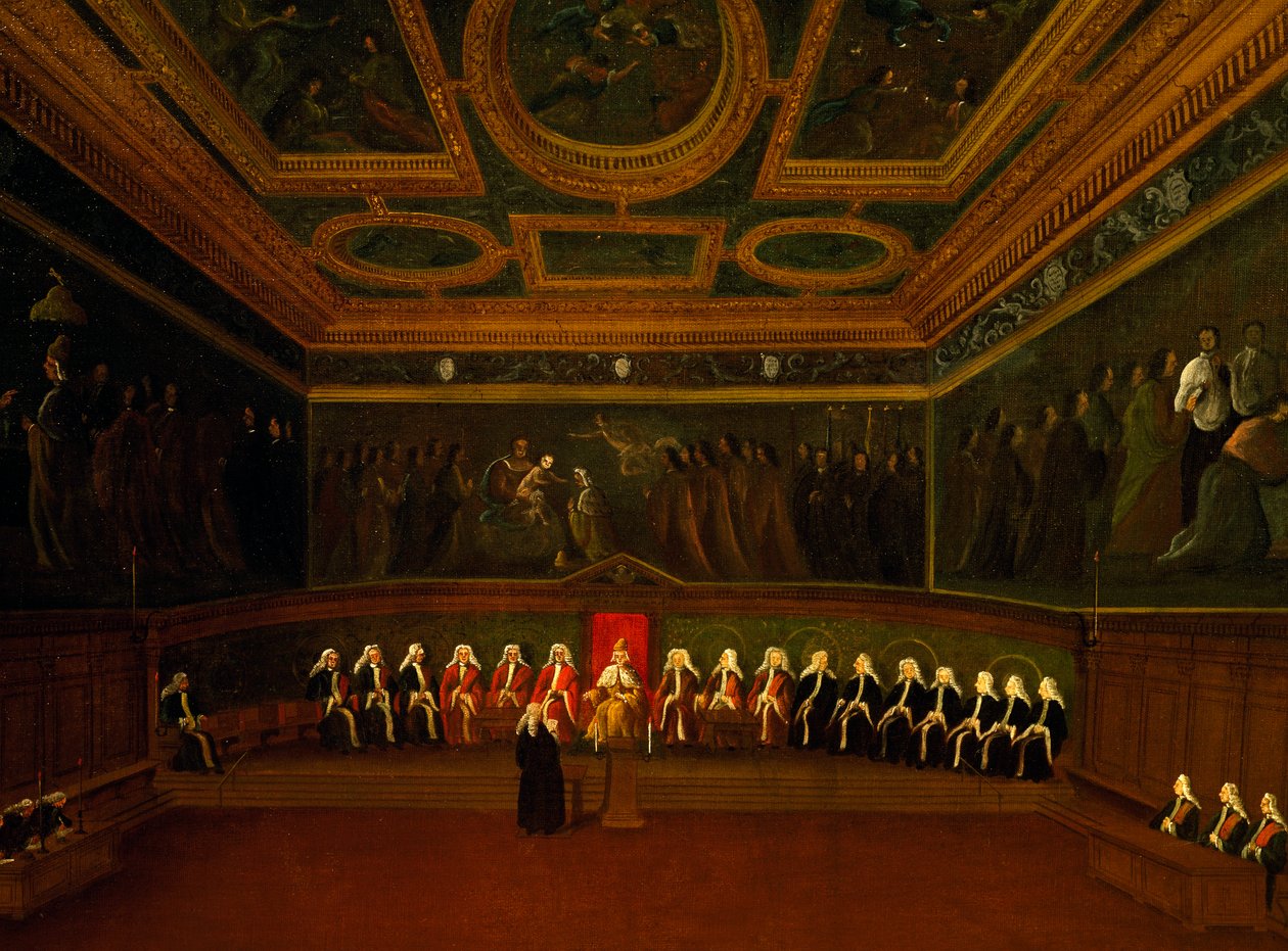 ガブリエル・ベッラ（1730-1799）作「ヴェネツィアの10人評議会の広間」、油彩・カンヴァス、94x147cm、イタリア 作： ガブリエレ・ベラ