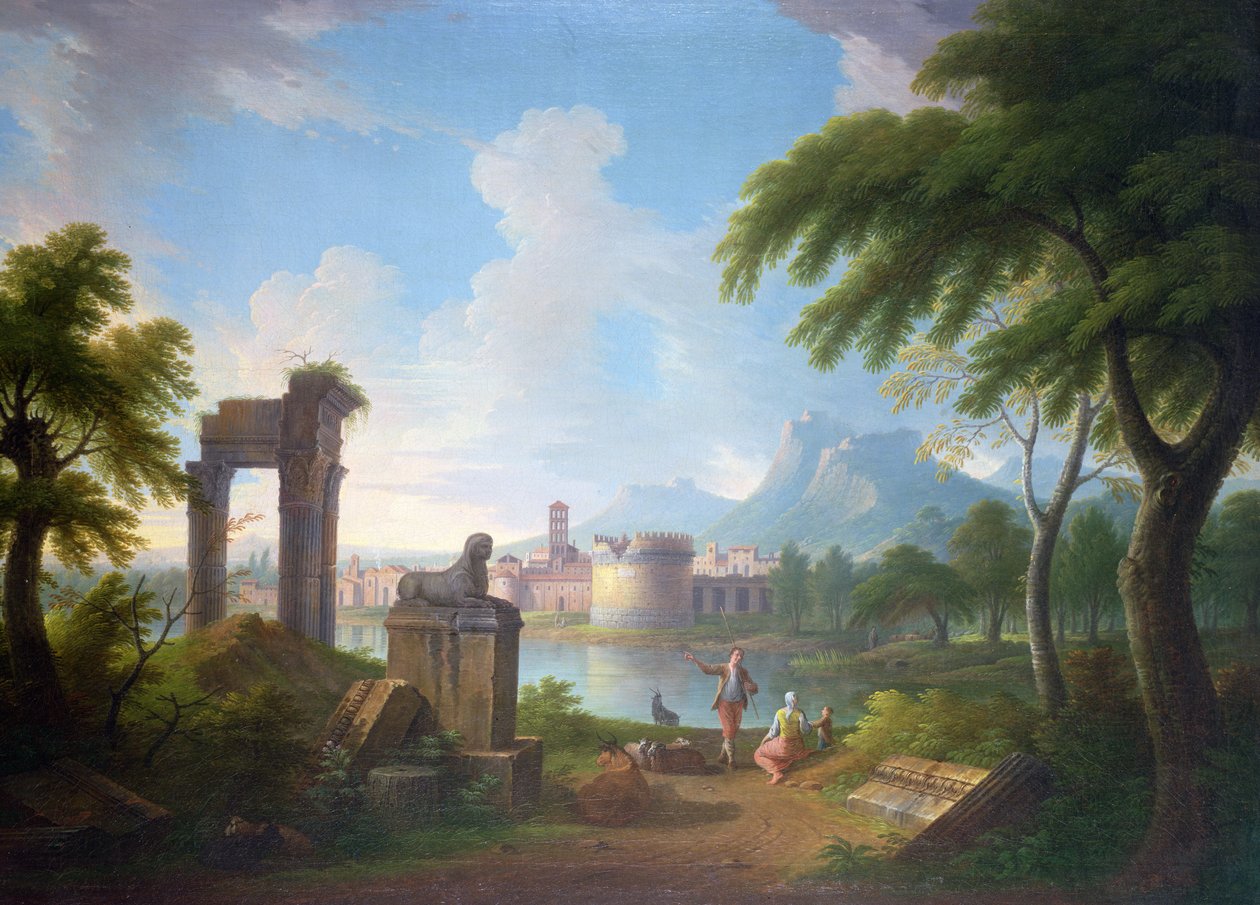 1752年、セシリアメテッラの墓とカンポバッチーノの鐘楼のある山岳地帯の川の風景（石材に敷いたキャンバスに油彩） 作： ガブリエル・リカルデリ