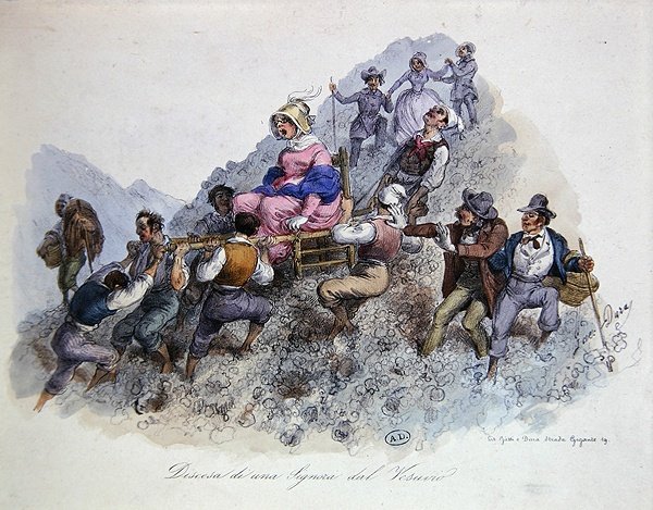 ヴェスヴィオ山から降りる観光客 1830年頃（カラーリトグラフ） 作： ガエターノ（後）デュラ