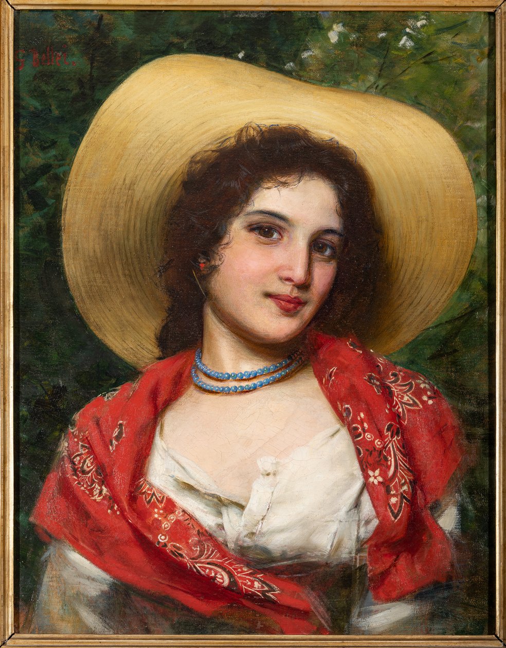 作者T・モーファン　　タイトル「帽子の女」　F８号　　油彩　額装 黄色い帽子をかぶった少女（油彩・キャンバス）