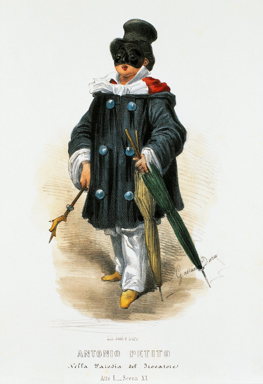 パロディ作品「The Troubadour」の舞台衣装を着た俳優Antonio Petito（1822-1876）、Gaetano Dura（1805-1874）のリトグラフ。 作： ガエタノデュラ
