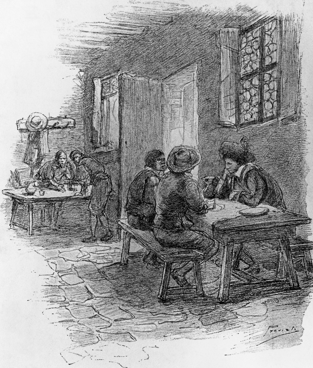 アレッサンドロ・マンゾーニ（1785-1873）の歴史小説『婚約者』のためにガエタノ・プレヴィアティ（1852-1920）が描いた挿絵、第7章「宿屋でのレンツォ、トニオ、ジェルバーゼ 作： ガエターノ・プレヴィアーティ